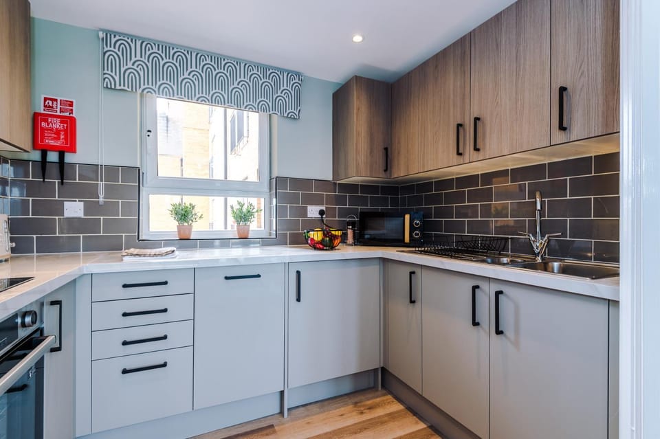 Kitchen or kitchenette, dishwasher, stove