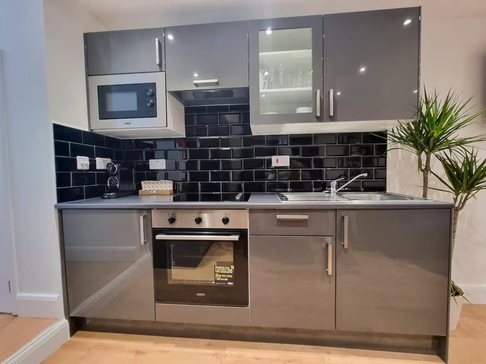 Kitchen or kitchenette, microwave, oven