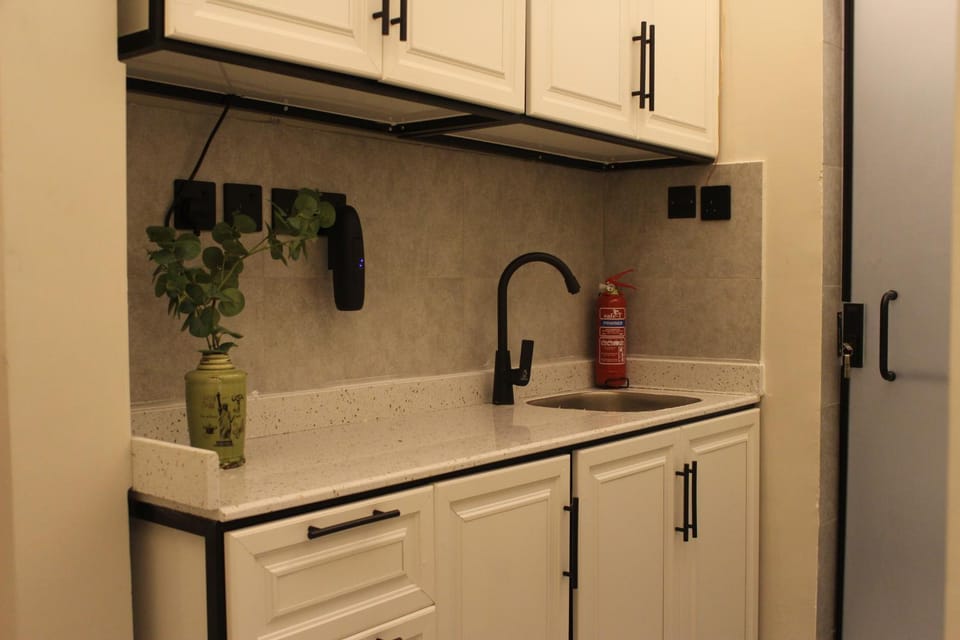 Kitchen or kitchenette, stove