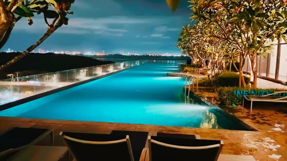 Night, Natural landscape, Pool view, Swimming pool, sunbed
