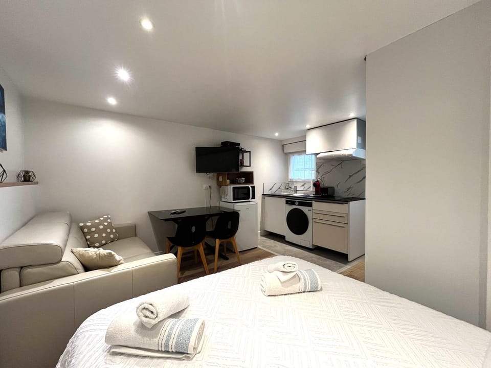 Bed, TV and multimedia, Kitchen or kitchenette, Living room, Photo of the whole room, Seating area, Bedroom, washing machine