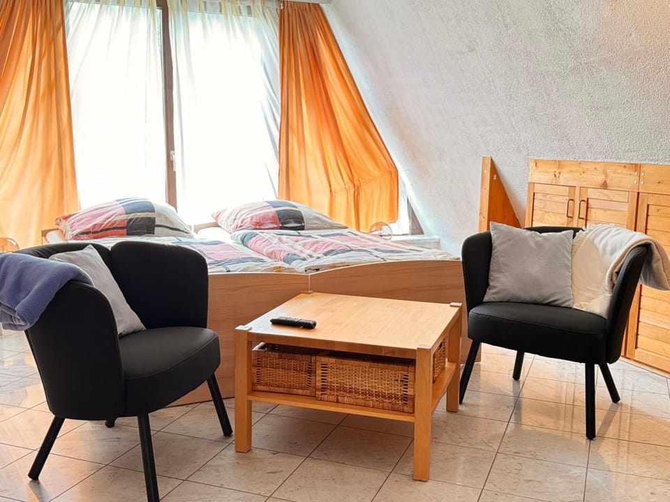 Bed, Seating area, Bedroom