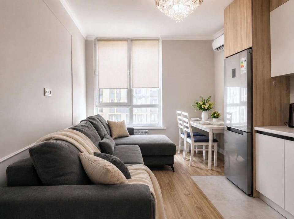 Kitchen or kitchenette, Living room, Seating area, Dining area, air conditioner