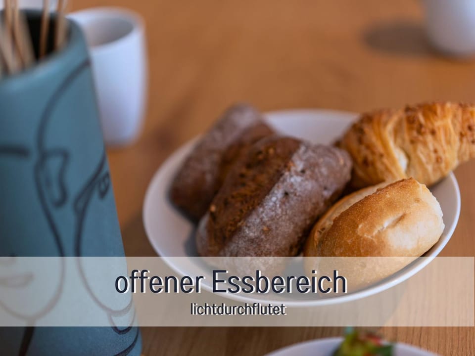 Dining area, Text overlay, Breakfast