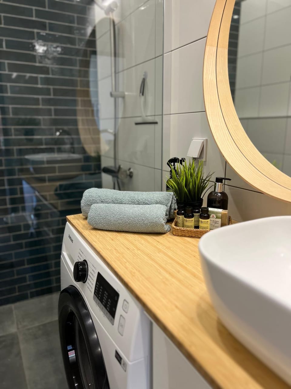 Bathroom, towels, washing machine