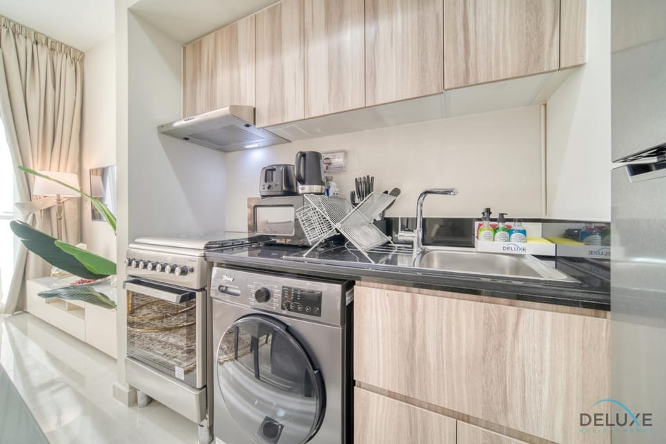 Kitchen or kitchenette, stove, washing machine