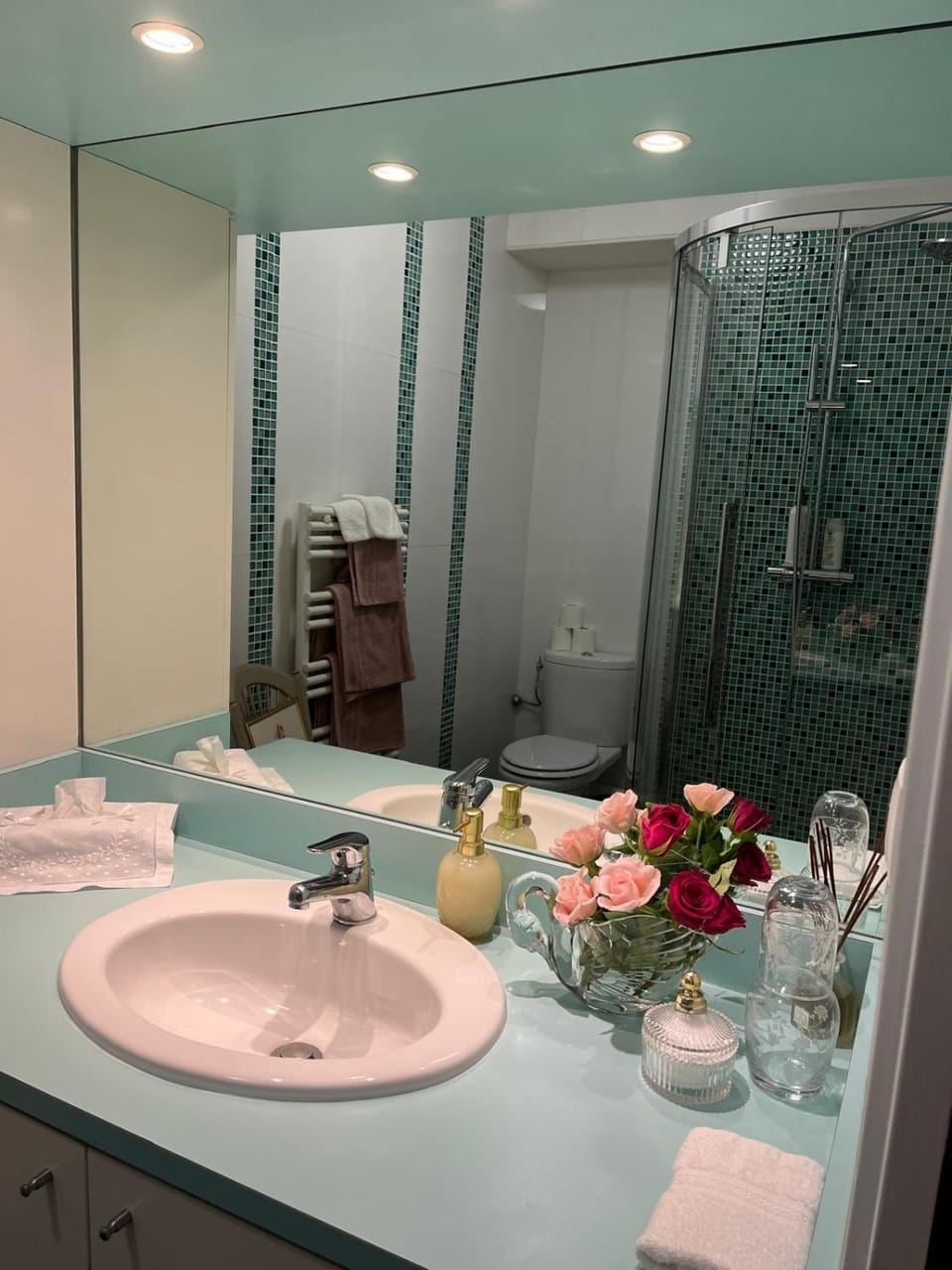 Shower, Toilet, Bathroom, hair dryier, towels