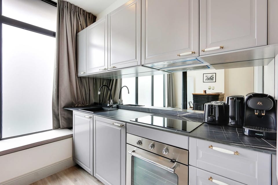 Kitchen or kitchenette, oven, stove