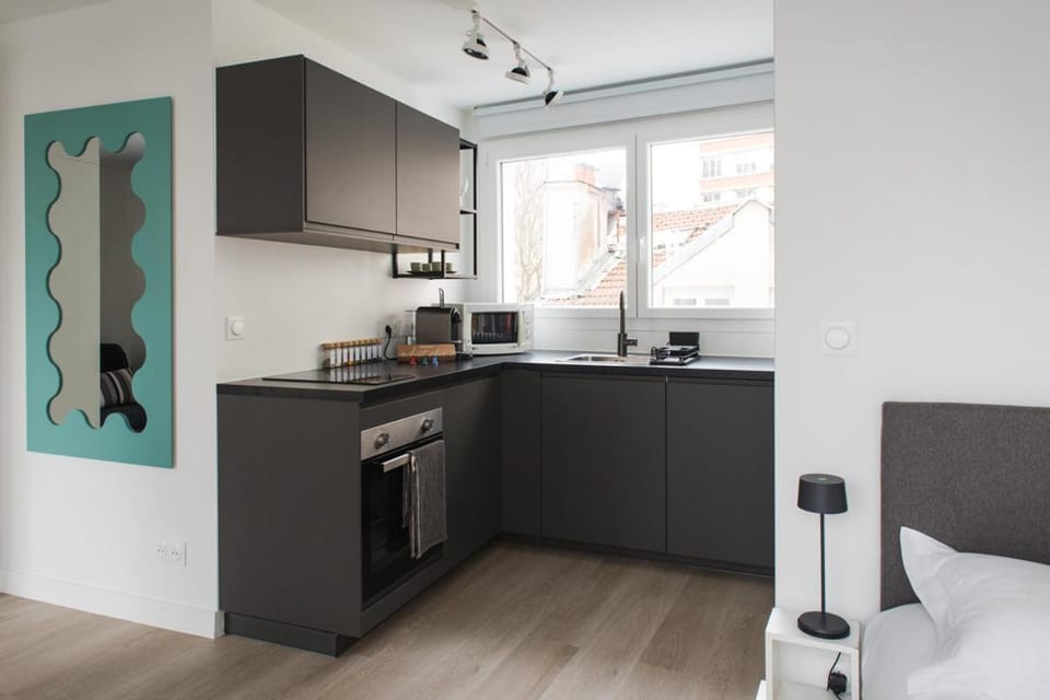 Kitchen or kitchenette, oven, stove, toaster