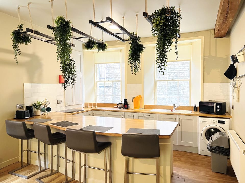 Dining area, dishwasher, oven, stove, washing machine