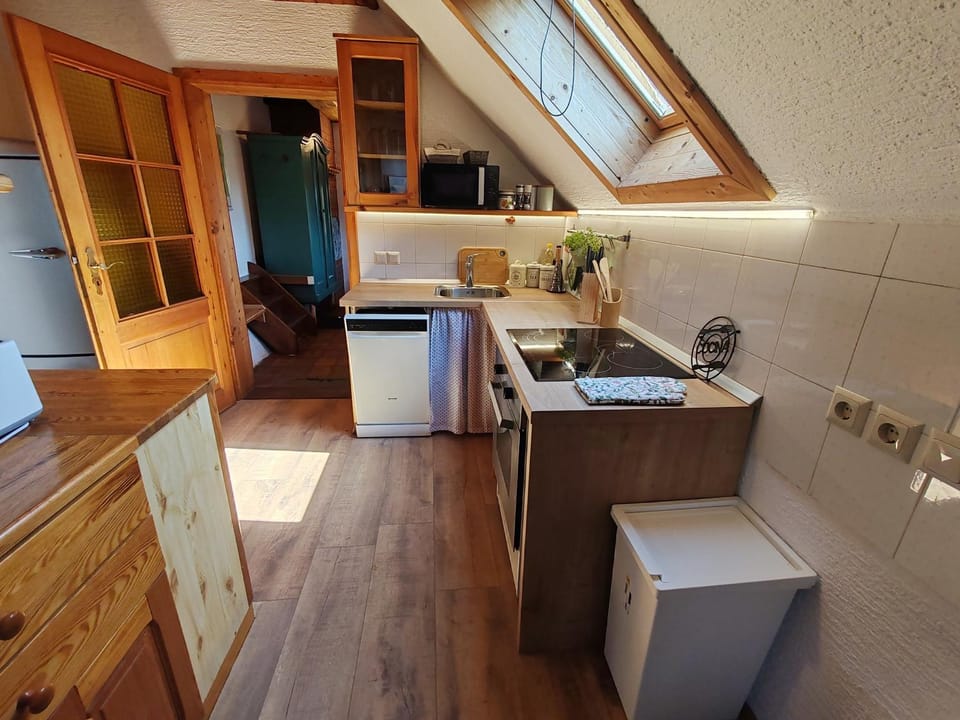 Kitchen or kitchenette, dishwasher, oven, stove