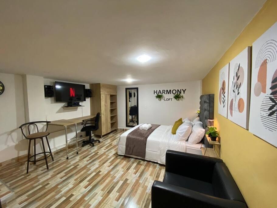 Bed, TV and multimedia, Living room, Photo of the whole room, Seating area, Dining area, Bedroom