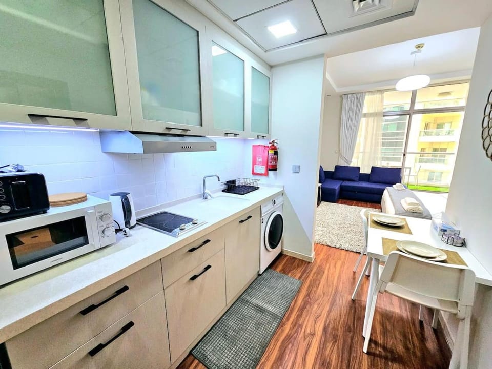 Kitchen or kitchenette, oven, stove, toaster, washing machine, dryer