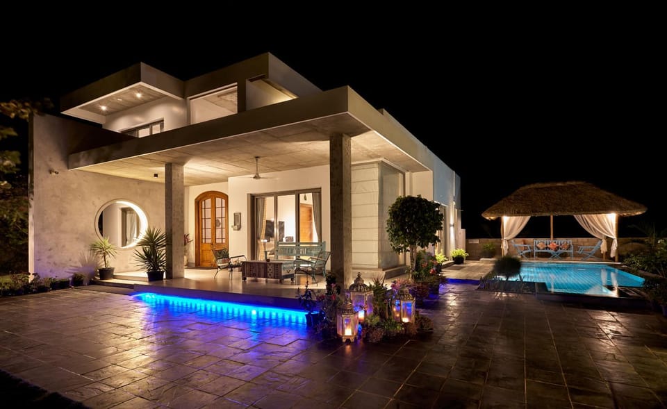 Property building, Night, Swimming pool
