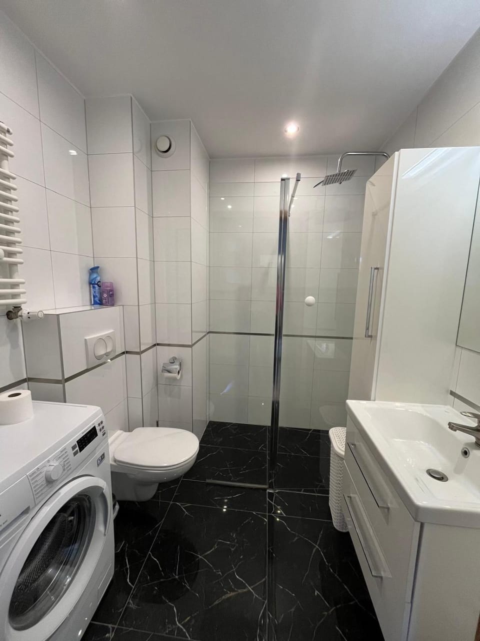 Shower, Toilet, towels, washing machine