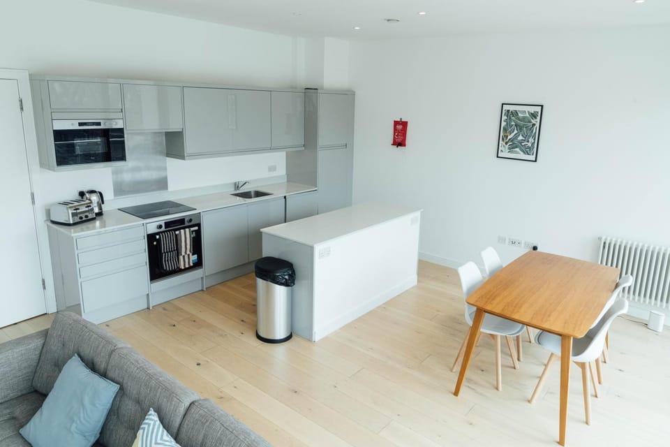 Kitchen or kitchenette, Living room, Seating area, Dining area, dishwasher, oven, stove, toaster