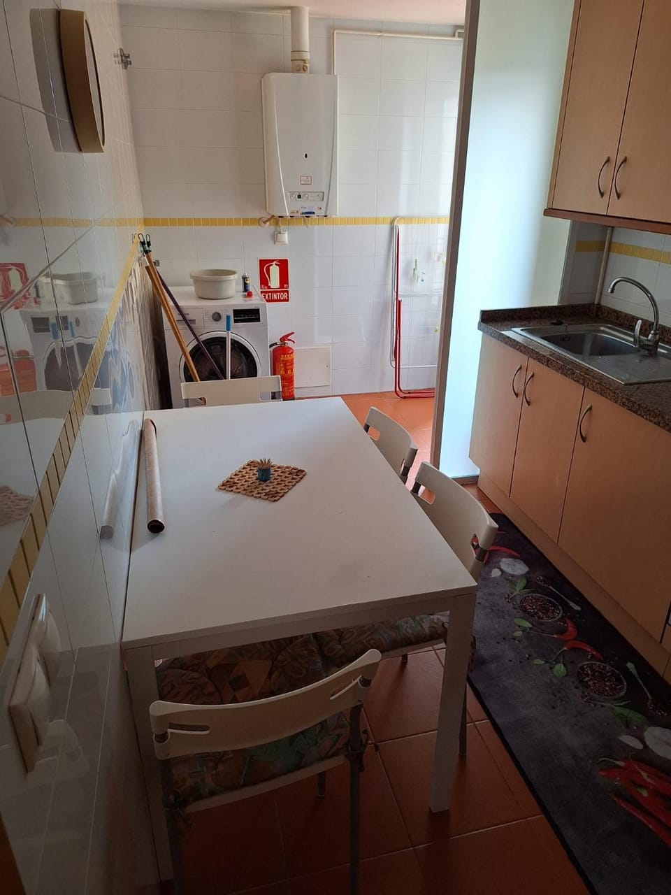 Kitchen or kitchenette, oven, stove, washing machine