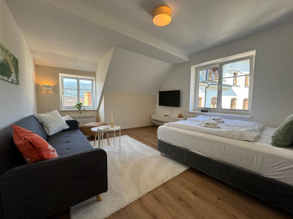 Bed, TV and multimedia, Living room, Photo of the whole room, Seating area, Bedroom