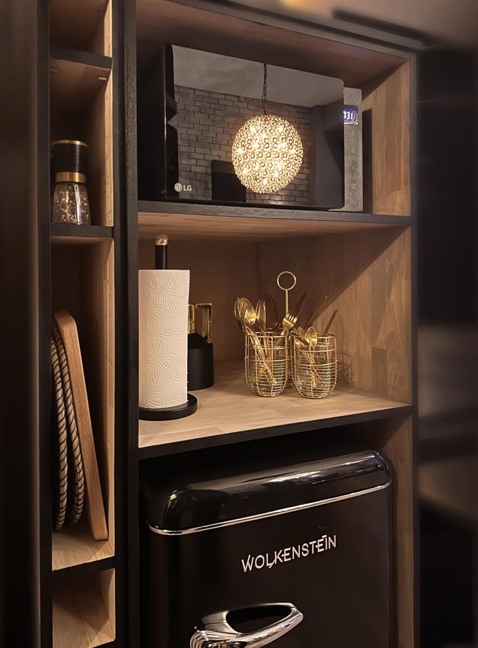 Kitchen or kitchenette, microwave