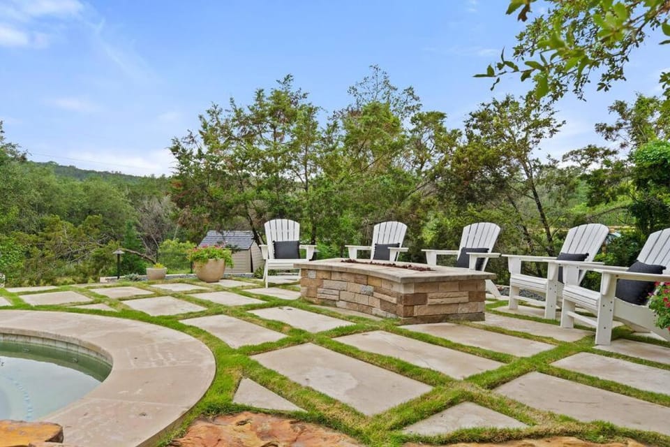 Patio, Pool view, fireplace