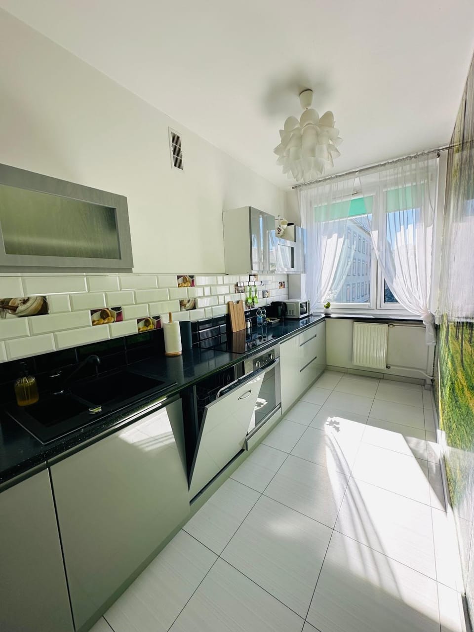 Kitchen or kitchenette, dishwasher, oven, stove