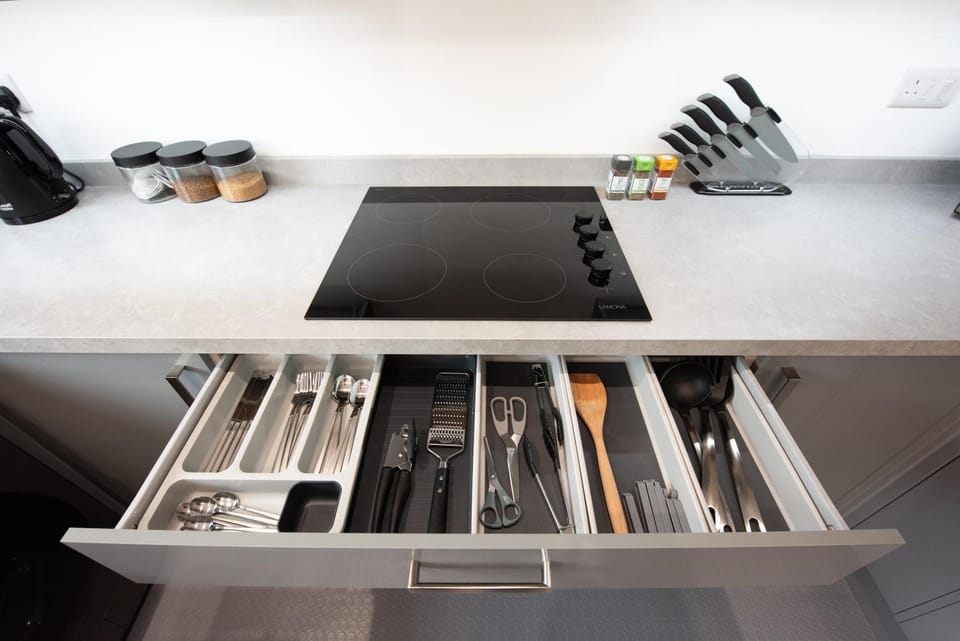 Kitchen or kitchenette, stove