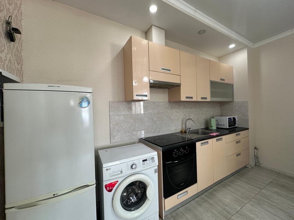 Kitchen or kitchenette, oven, stove, washing machine