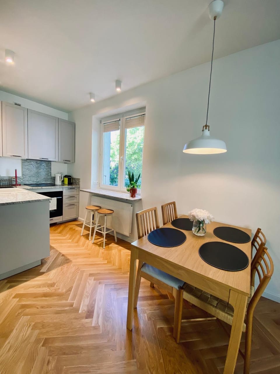 Kitchen or kitchenette, Living room, Seating area, Dining area
