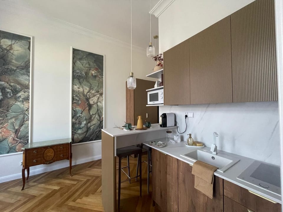 Kitchen or kitchenette, stove
