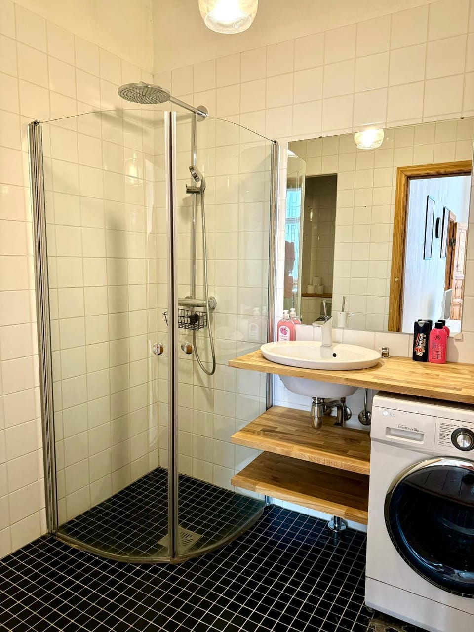 Shower, Toilet, towels, washing machine