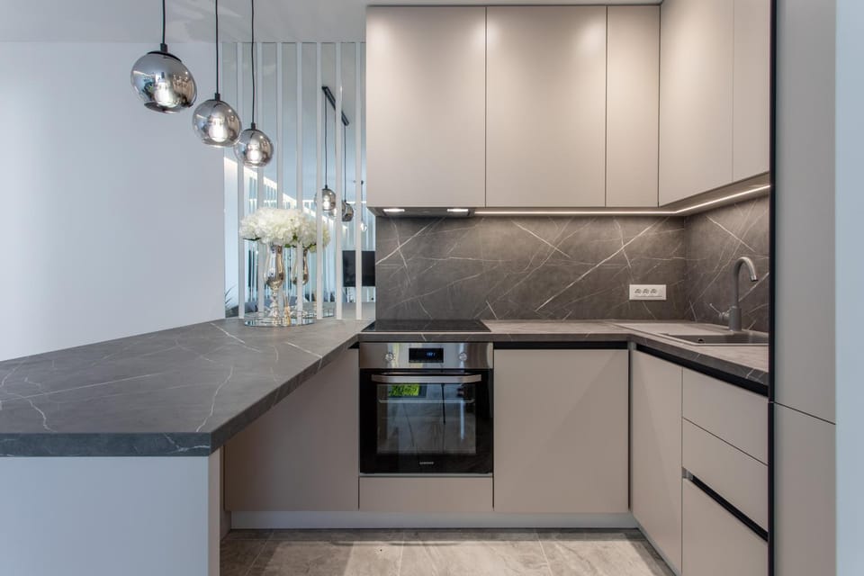 Kitchen or kitchenette, dishwasher, oven, stove