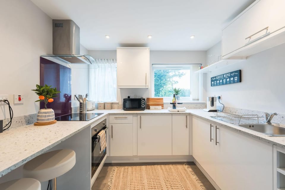 Kitchen or kitchenette, oven, stove, toaster, washing machine, dryer