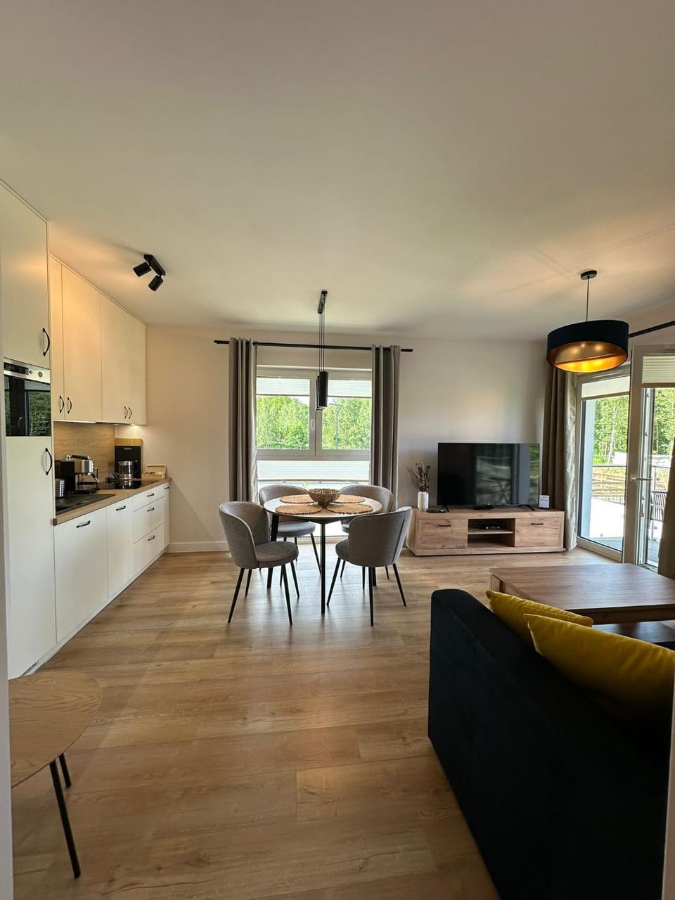 Kitchen or kitchenette, Living room, Seating area, Dining area
