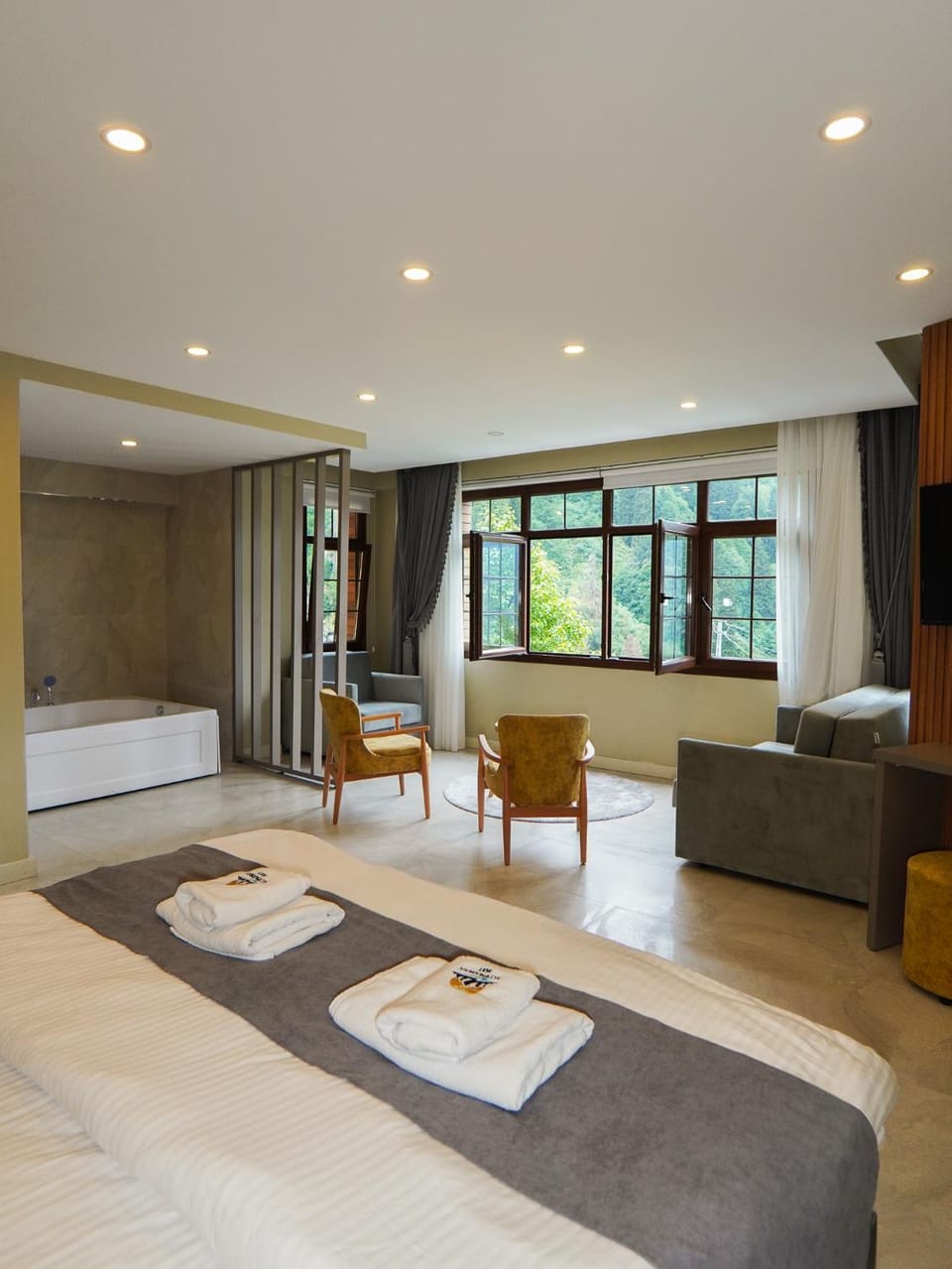 Bed, Living room, Seating area