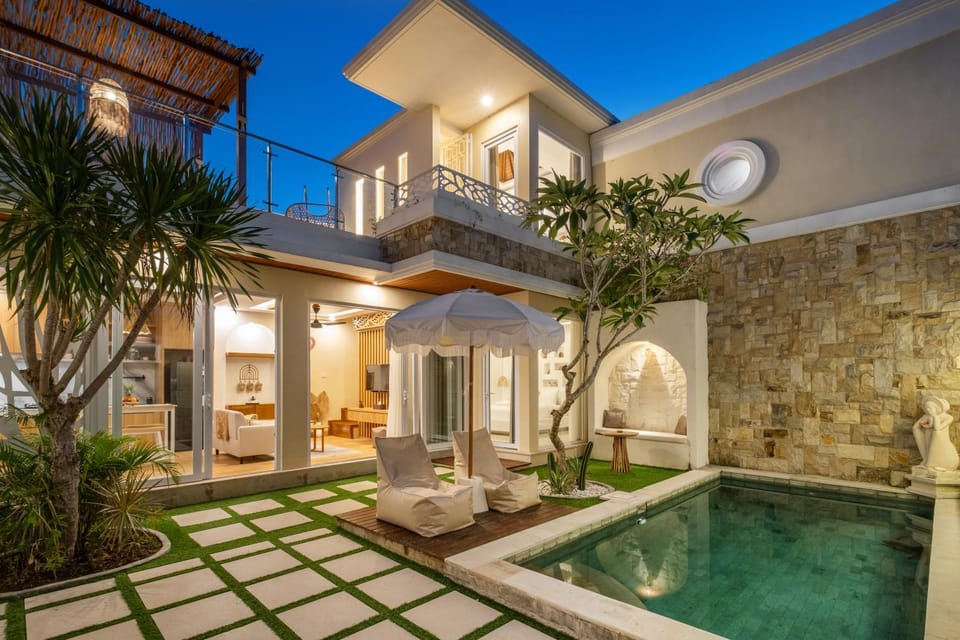 Property building, Night, Natural landscape, Pool view, Swimming pool