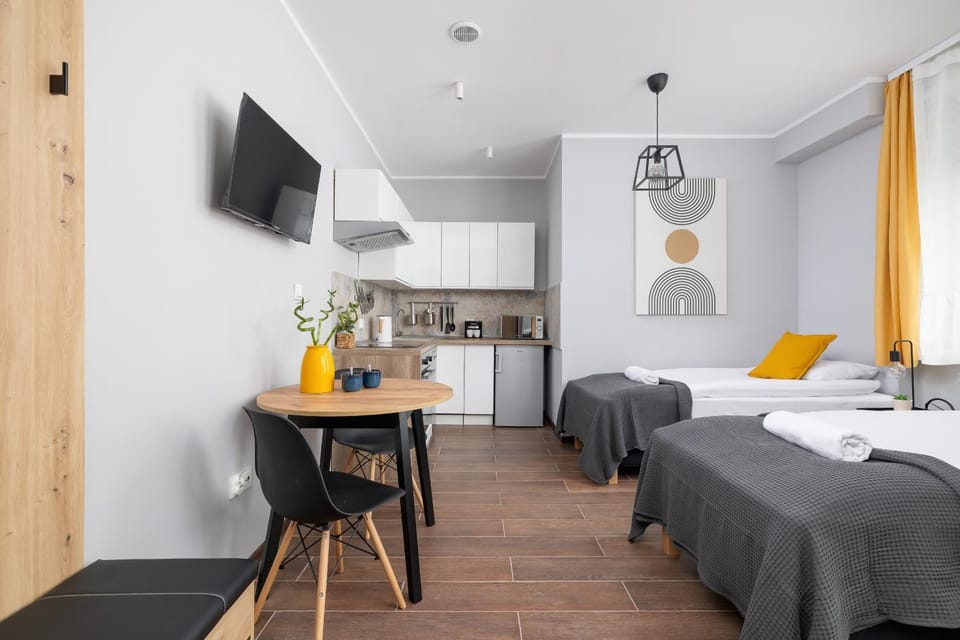 Bed, TV and multimedia, Kitchen or kitchenette, Living room, Photo of the whole room, Seating area, Dining area, Bedroom