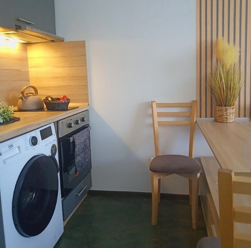 Kitchen or kitchenette, Dining area, oven, stove, washing machine, dryer