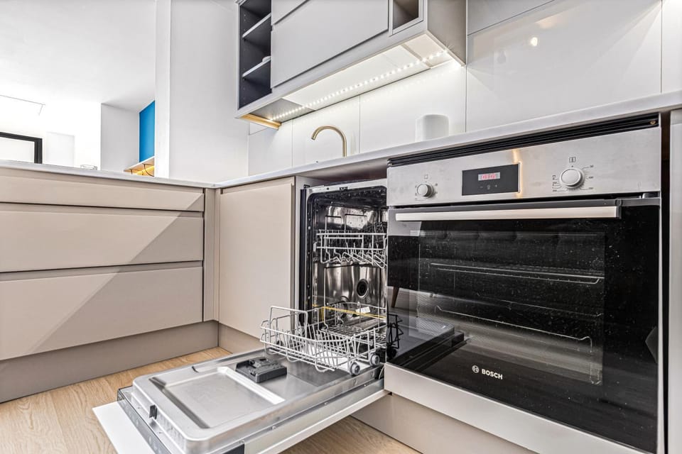 Kitchen or kitchenette, dishwasher, oven, stove