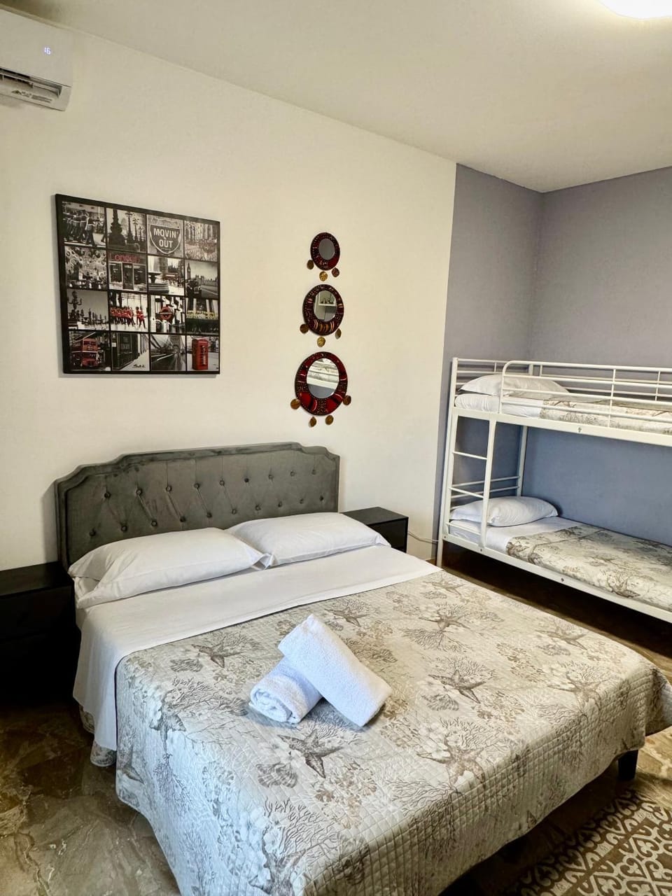 Bed, Photo of the whole room, Bedroom, towels, air conditioner
