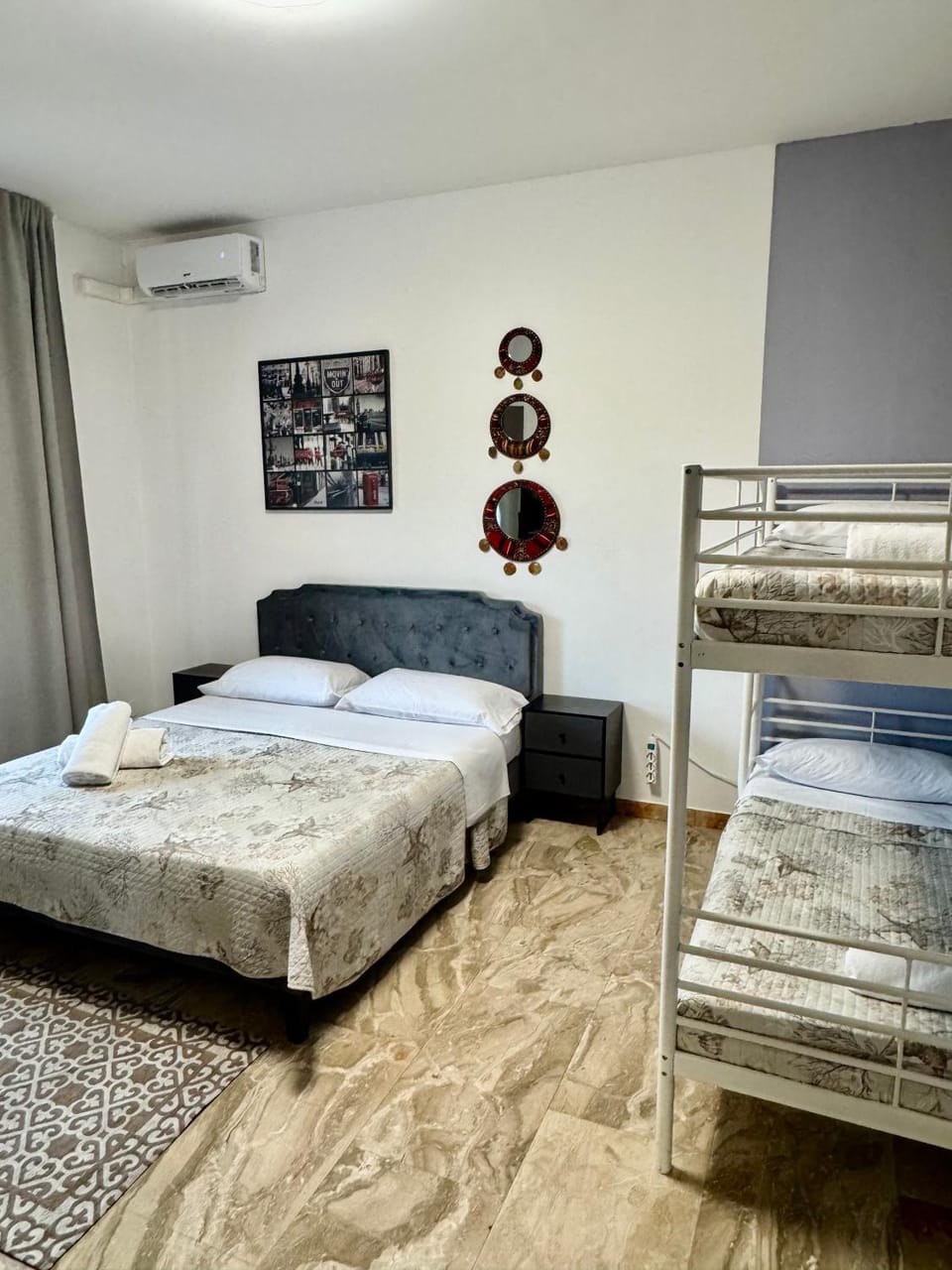 Bed, Photo of the whole room, Bedroom, bunk bed, towels, air conditioner