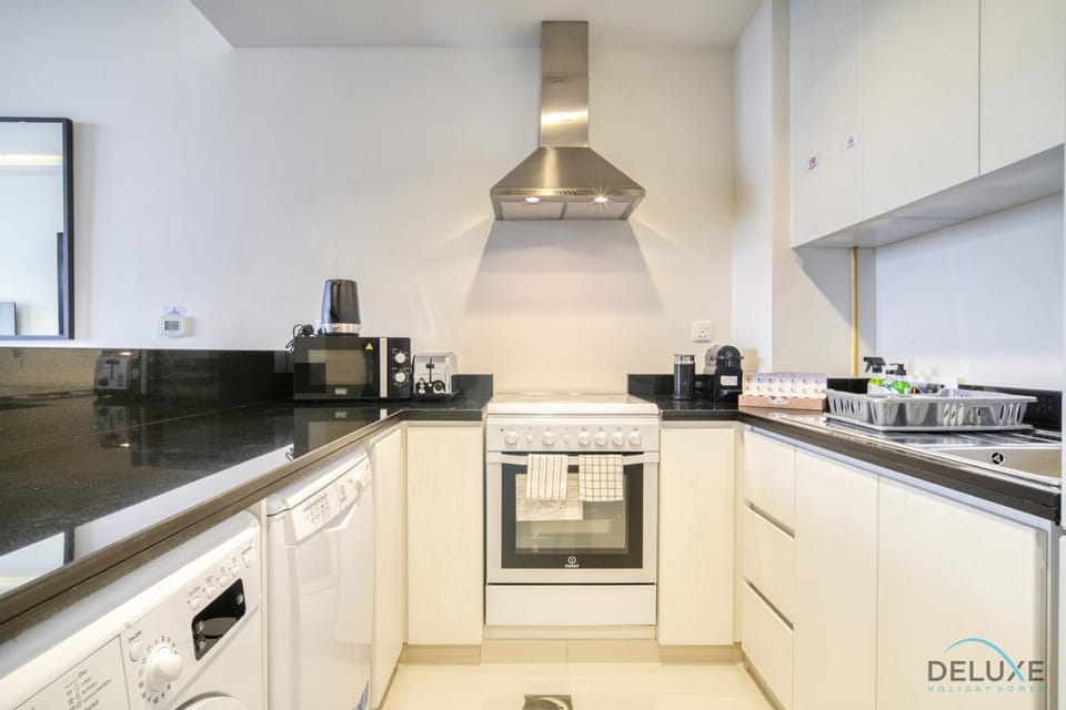 Kitchen or kitchenette, dishwasher, stove, toaster