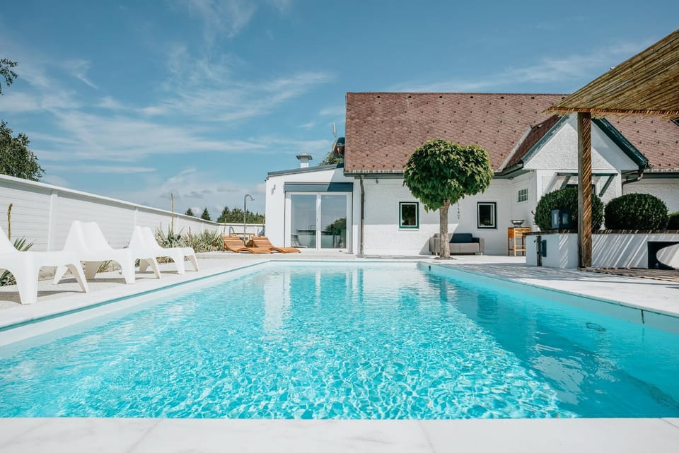 Property building, Pool view, Swimming pool, sunbed