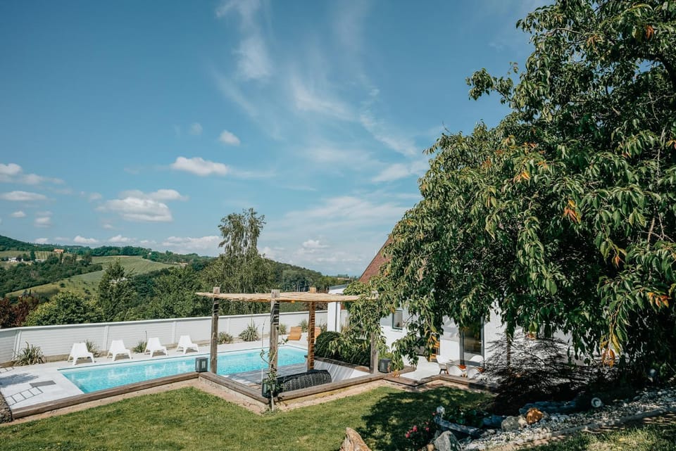 Spring, Natural landscape, Garden, Garden view, Pool view, Swimming pool, sunbed