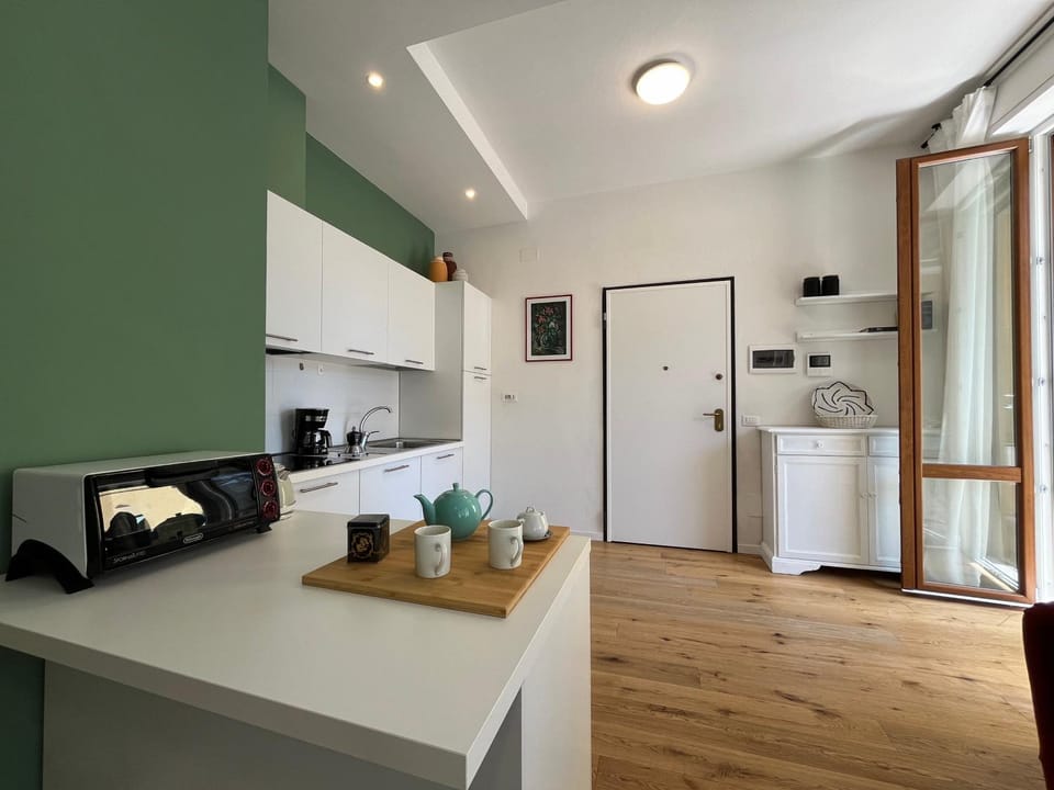 Kitchen or kitchenette, stove