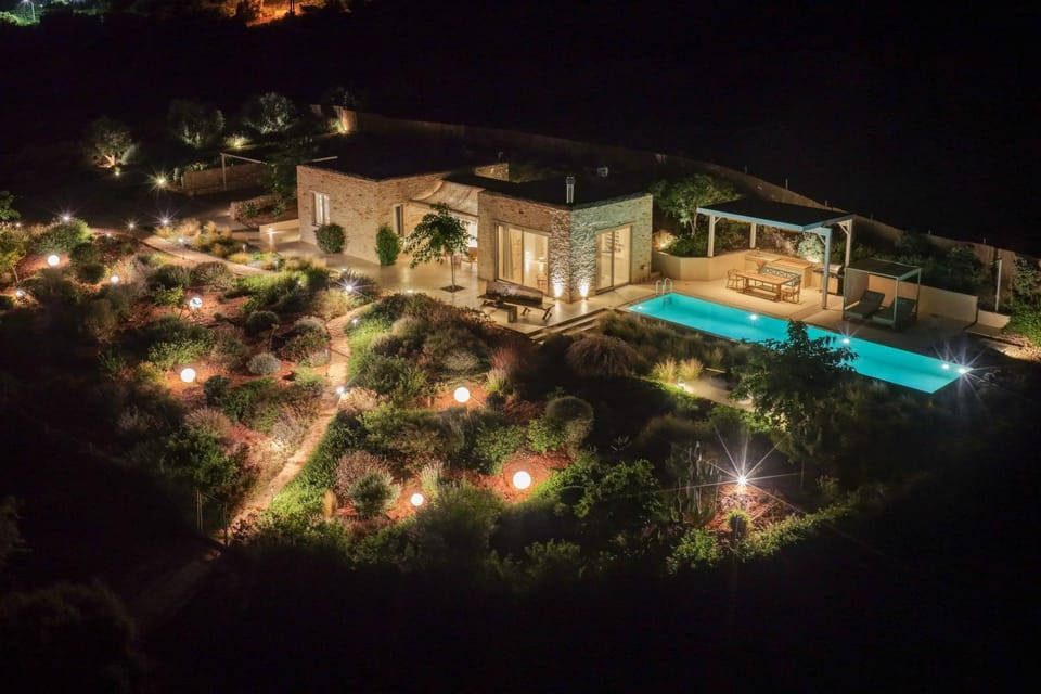 Property building, Night, Natural landscape, Garden, Garden view, Pool view, Swimming pool