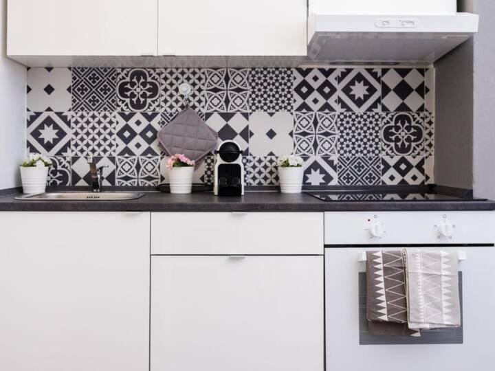 Kitchen or kitchenette, stove