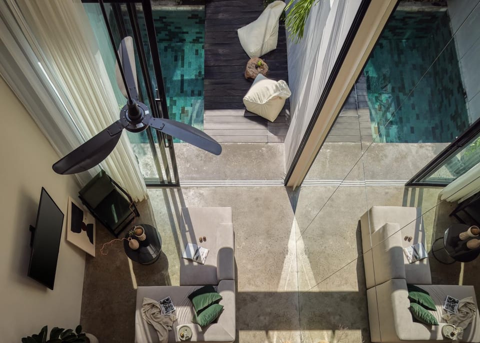 Property building, TV and multimedia, Living room, Pool view