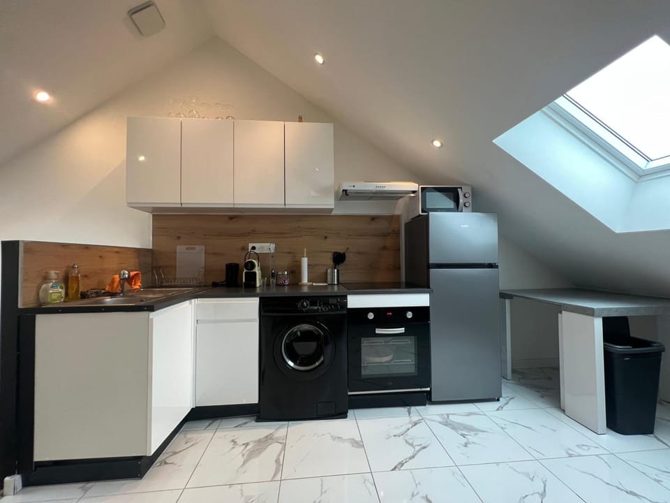 Kitchen or kitchenette, oven, stove, washing machine