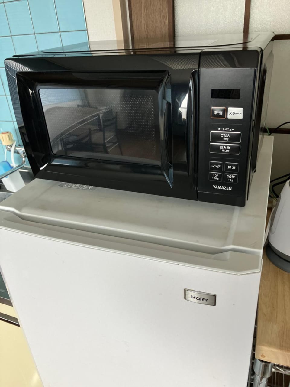 Kitchen or kitchenette, microwave