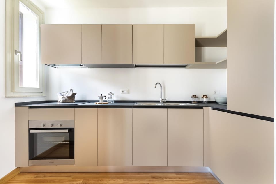 Kitchen or kitchenette, stove